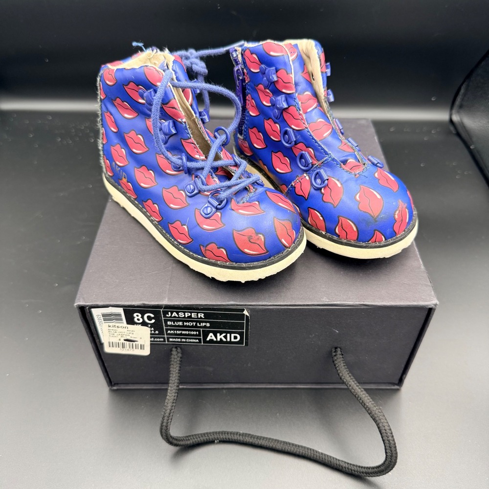 AKID Jasper Blue Hot Lips Kids High Top Boots Size 8C Kitson AK15FW01001
